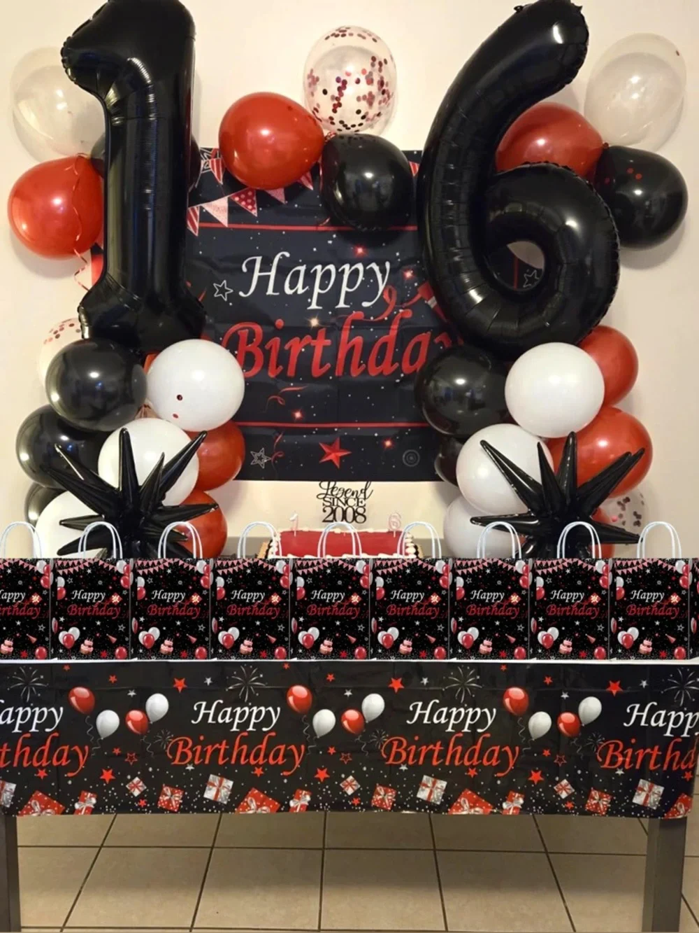 Happy Birthday Gift Bags - Black with Red & Silver Balloons